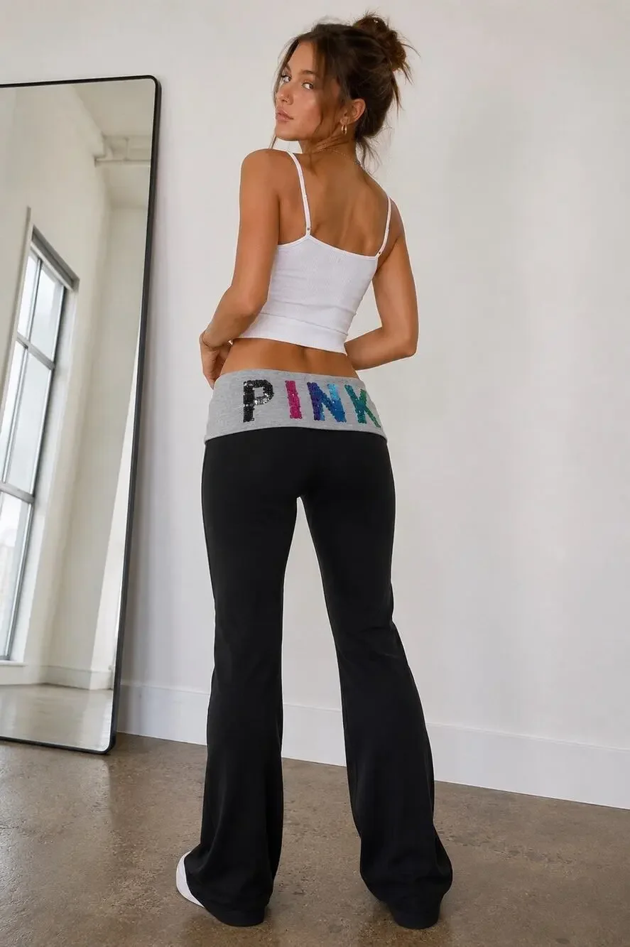 Victoria's Secret PINK Yoga Pants Fold Over Rainbow Bling Bootcut Black Y2K Med
